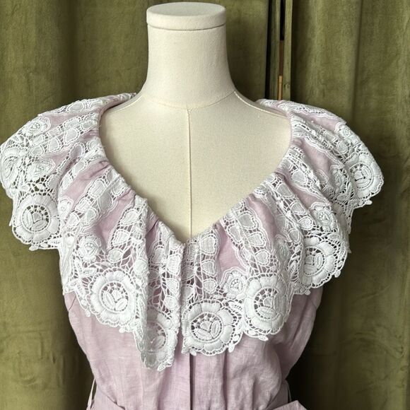 Miguelina 100 % linen crochet lace detailed lavender romper, M - Picture 5 of 16